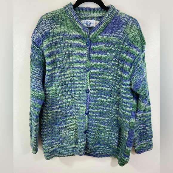 Vintage Sweaters - Vintage Hand Knit Cardigan Wool Blend Cable S Large Grandma Chunky Boho Heavy